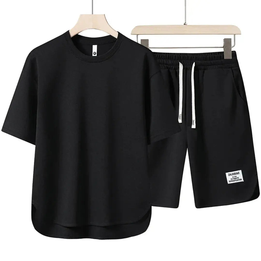 Beige oversized co-ord set with drawstring shorts, relaxed streetwear silhouette for summer
