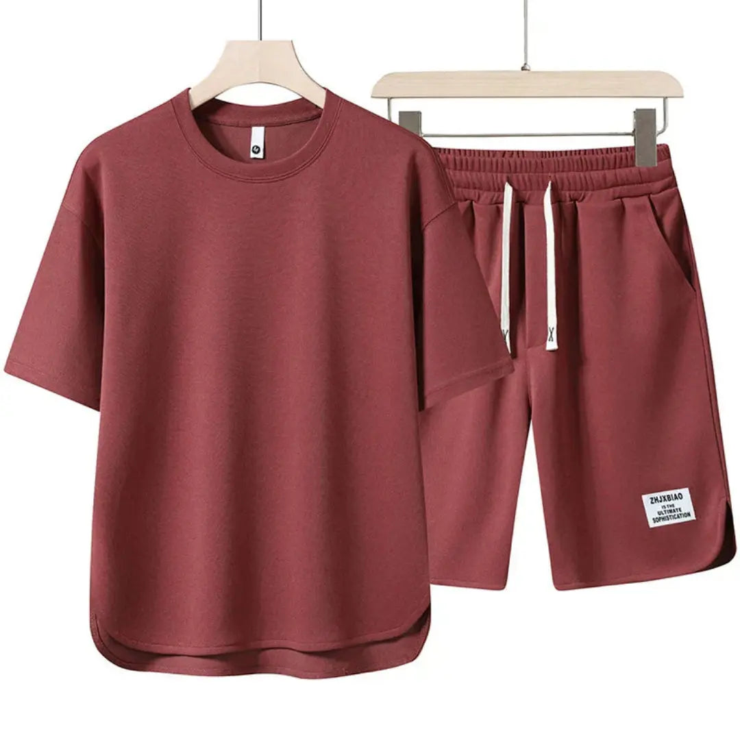 Beige oversized co-ord set with drawstring shorts, relaxed streetwear two-piece for summer