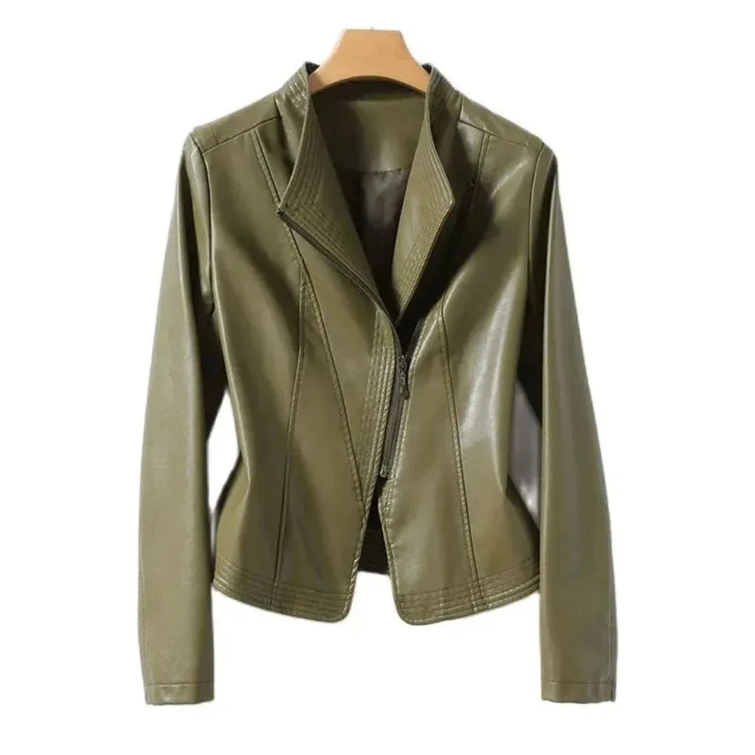 Black genuine leather moto jacket with asymmetrical front zip and structured collar for bold biker style