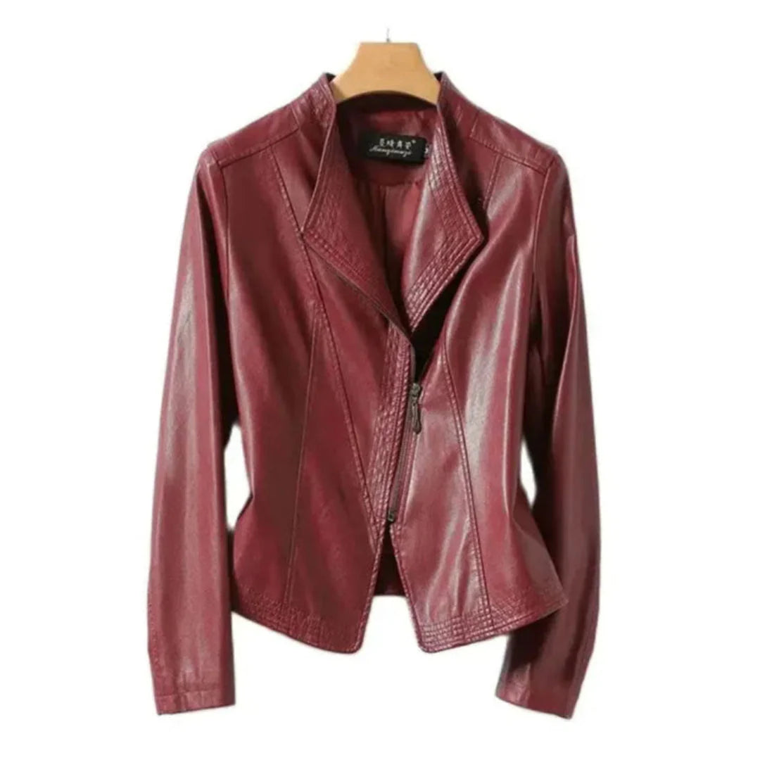 Black genuine leather moto jacket with asymmetrical front zip and structured collar for bold biker style