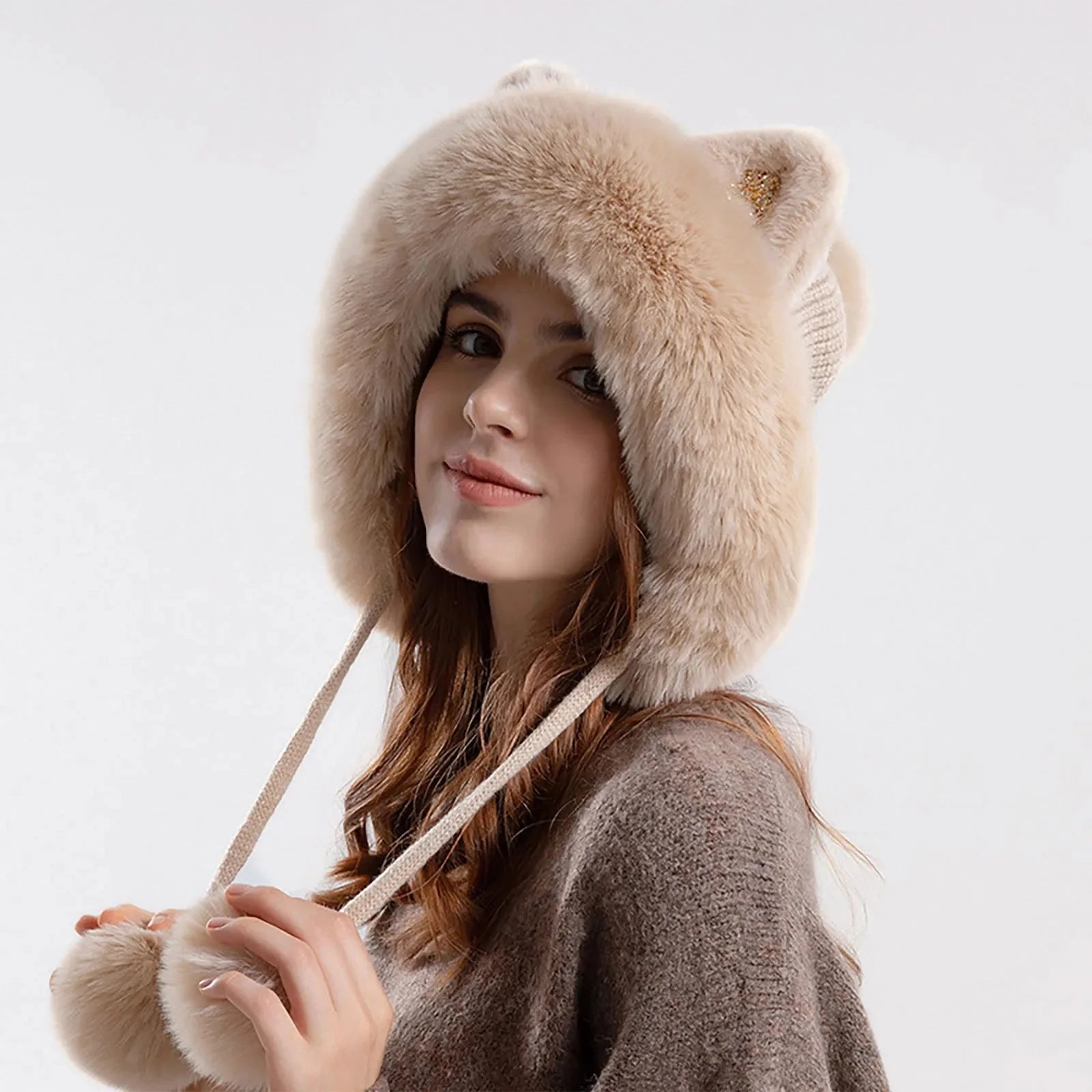 Women's gray cat ear trapper hat with pom pom and cozy ear flaps for winter warmth