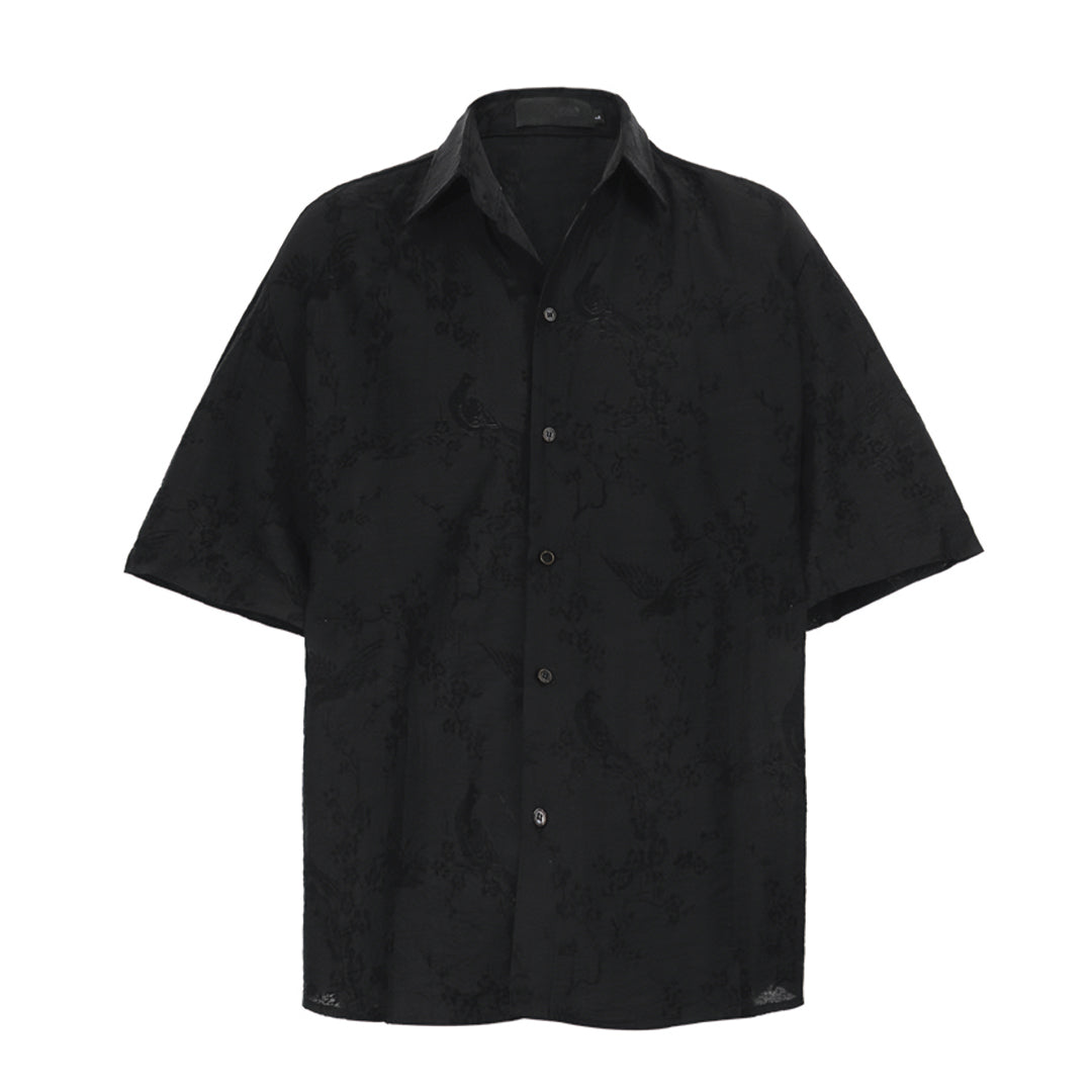 Men's stone jacquard shirt relaxed fit aged wash shadowy woven texture cotton rayon linen blend