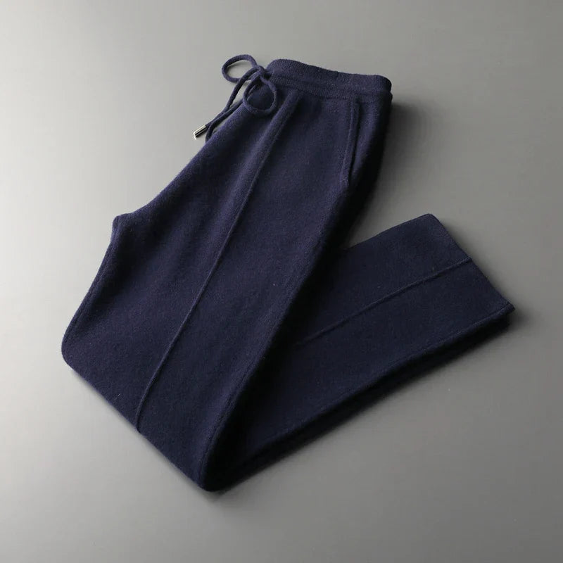 Women's wool-blend relaxed fit trousers with drawstring waist and side pockets, casual style