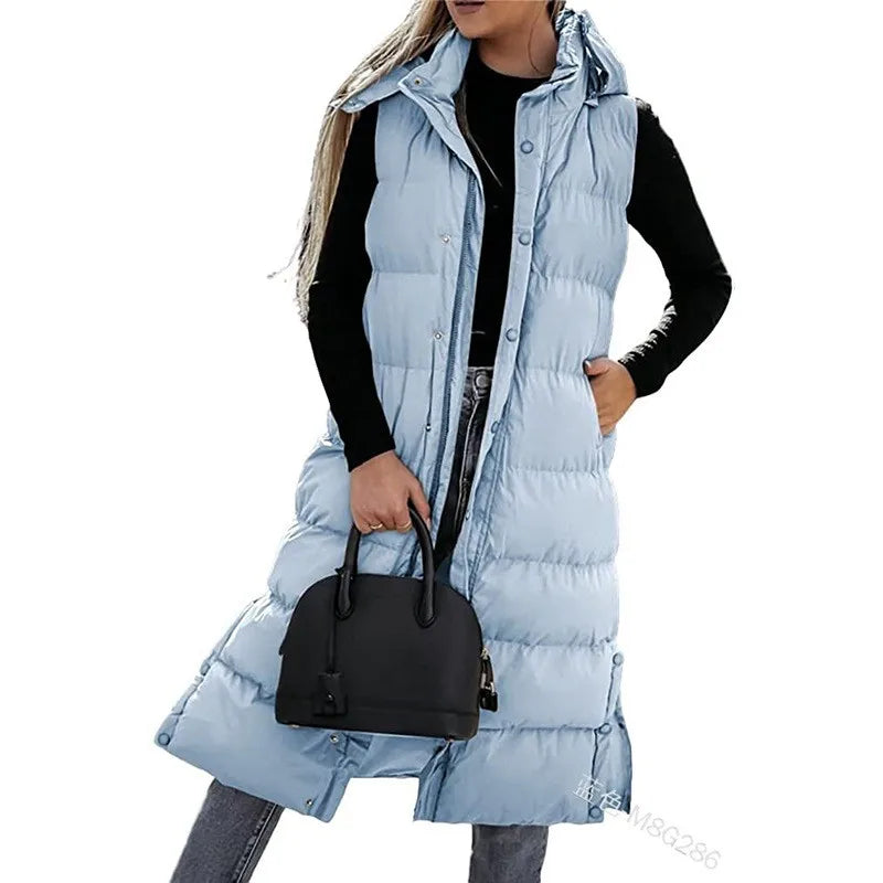 Women's long quilted puffer jacket with hood, dual zip-snap closure, mid-calf silhouette