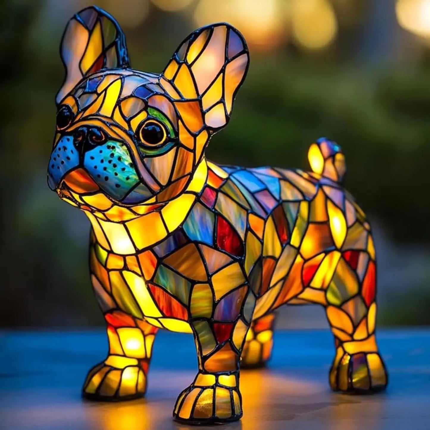 Art Nouveau stained glass cat dog lamp handcrafted multicolor vintage-inspired warm ambient glow sculpture