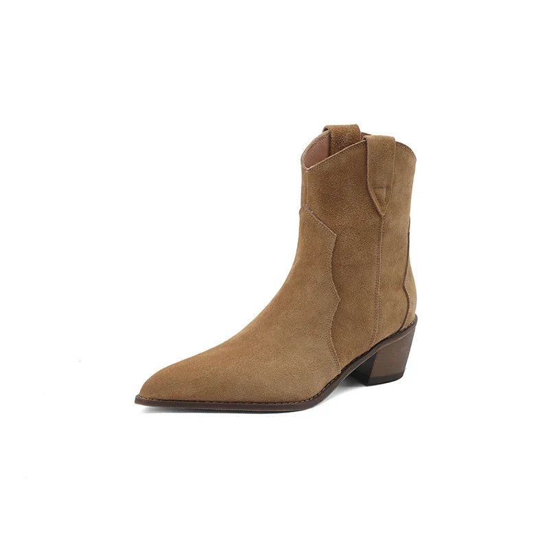 Women's tan suede Chelsea boots classic silhouette with elastic side panels everyday western style