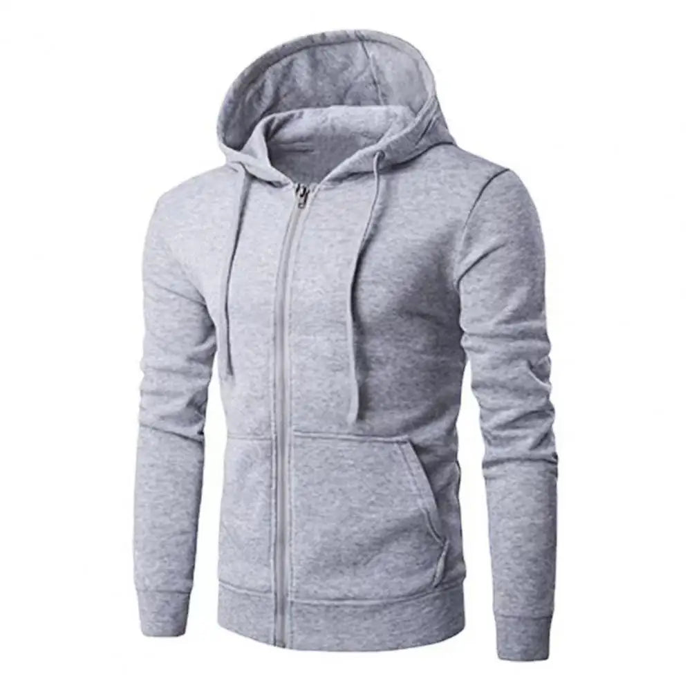 Men's classic zip-up street hoodie in neutral tone with full-length zipper for urban everyday wear