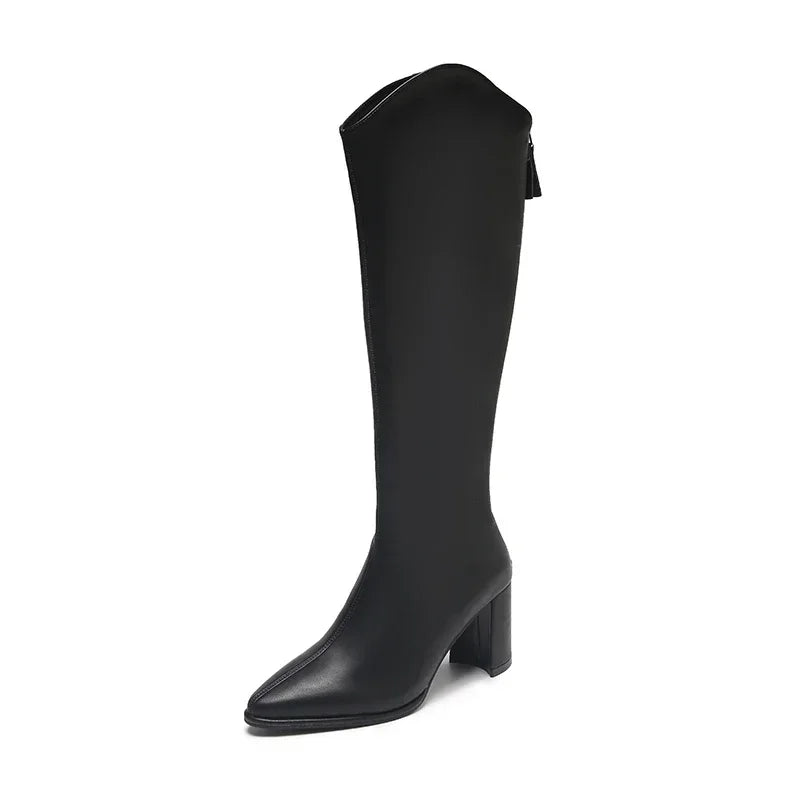 Women's black knee-high heeled boots elegant mid-height heel sleek silhouette day-to-night style