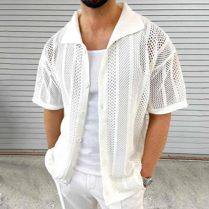 Men's vintage open-knit shirt breathable cotton blend hollow-out design casual warm-weather style