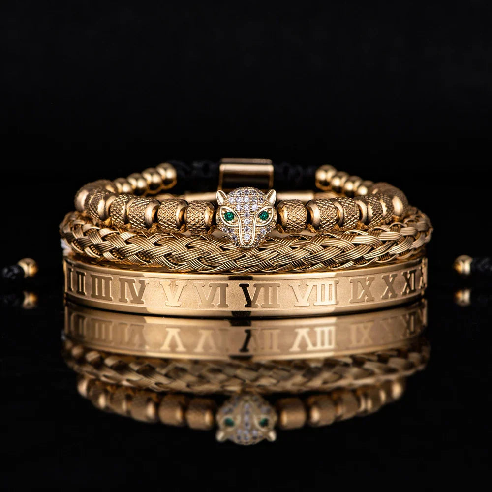 Women's crystal beaded panther charm bracelet set with braided cuff duo, bold statement jewelry