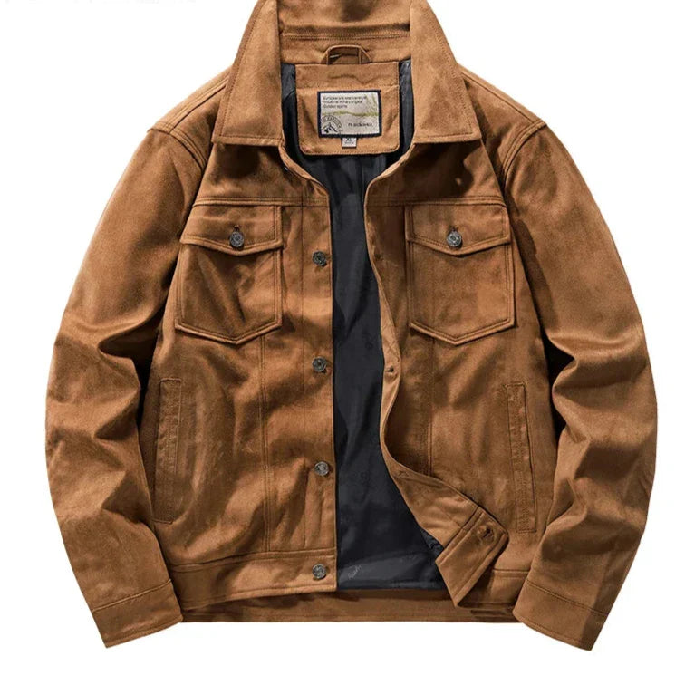 Men's brown premium suede jacket rugged style turn-down collar with chest pockets