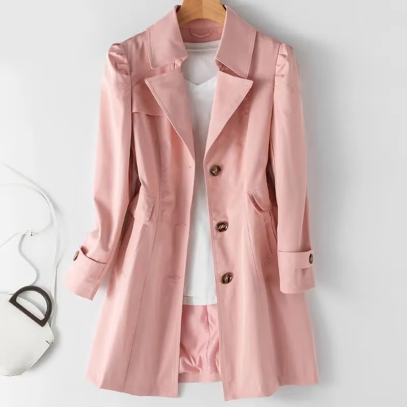 Women's beige mid-length double-breasted trench coat elegant spring fall polished silhouette