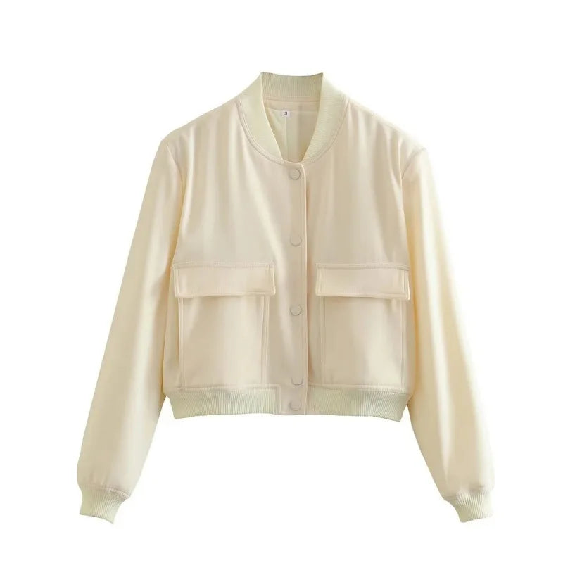 Clara women's casual bomber jacket with pocket front detail, minimalist silhouette for everyday elegance