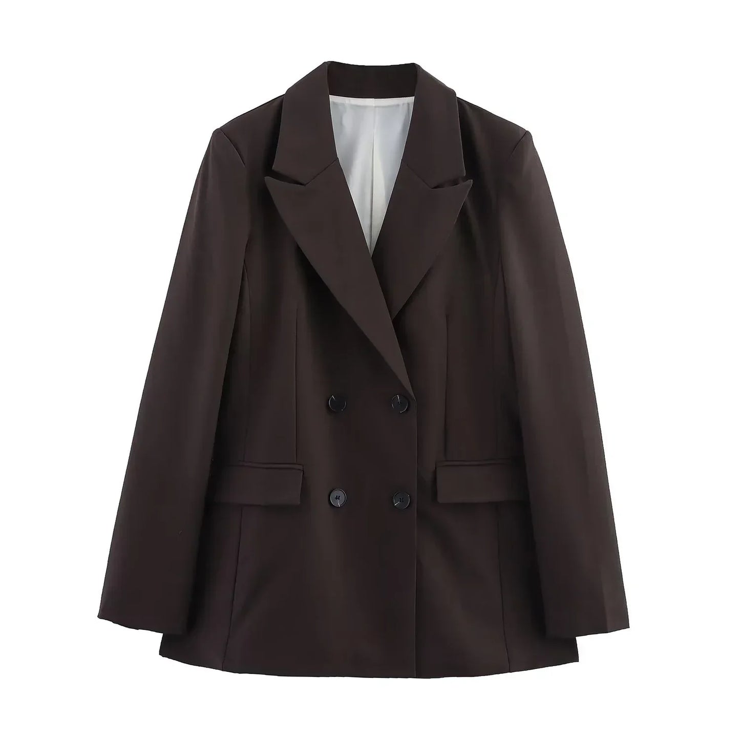 Women's black tailored long double-breasted blazer suit set with sleek professional silhouette
