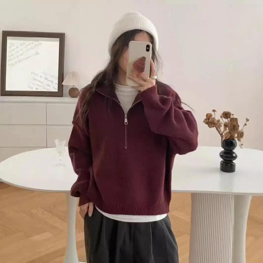 Women's high neck knit sweater half-zip cozy acrylic pullover in aurora colorway layering essential