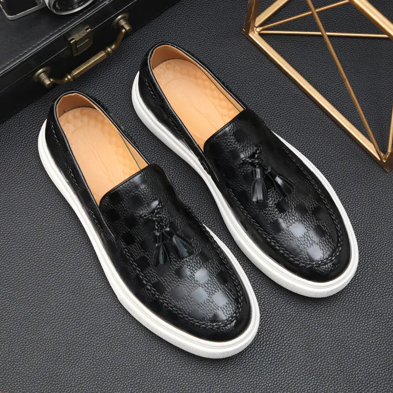 Hansen men's brown embossed leather slip-on loafers with monogram texture for polished everyday style