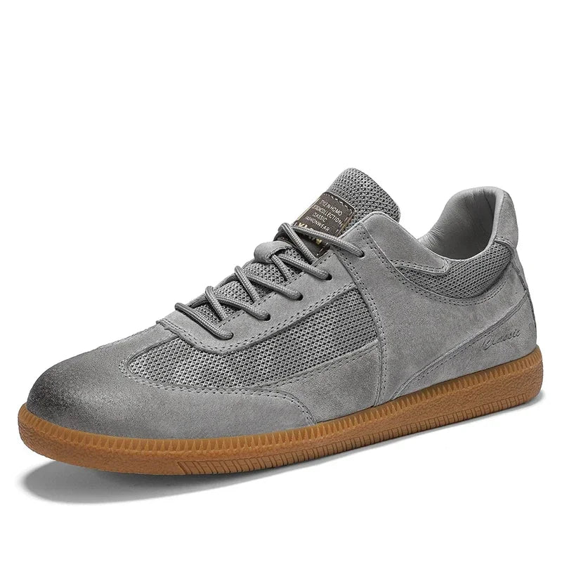 Aprielle low-cut suede sneaker with breathable mesh panels, neutral tones, minimal urban style