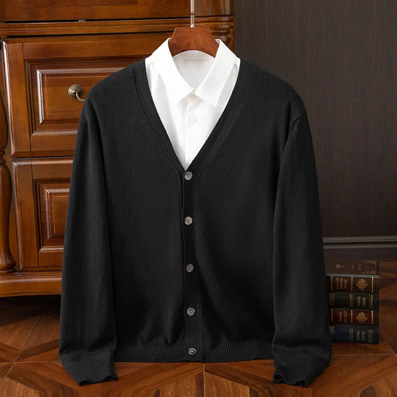 Men's grey cashmere wool blend V-neck cardigan relaxed fit with plush soft-touch fabric