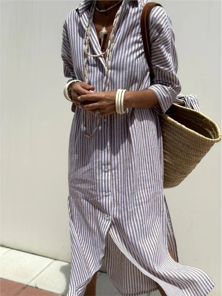 Women's striped long sleeve shirt dress relaxed loose-fit silhouette day-to-night versatile style
