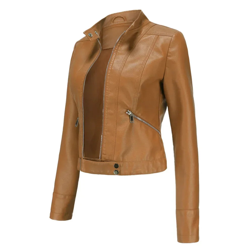 Women's black faux leather cropped jacket with stand collar, sleek slim fit for day-to-night style