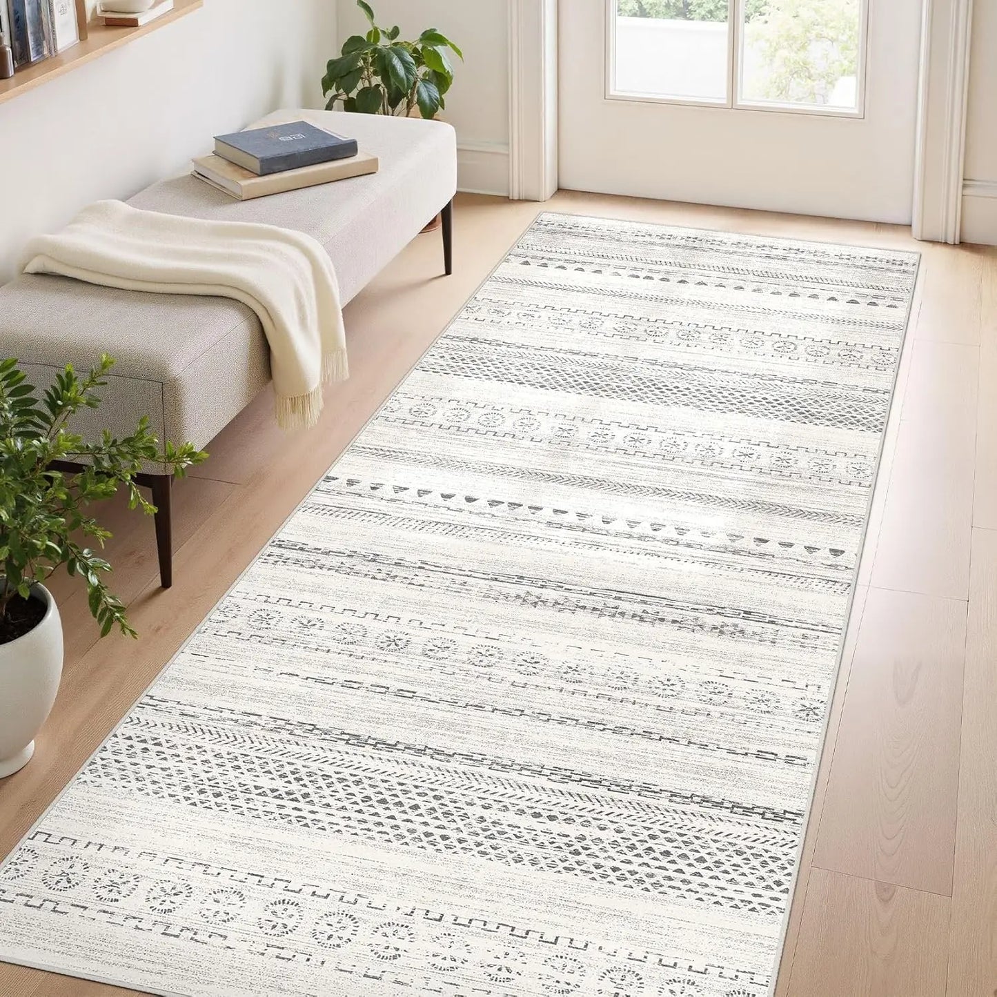 Washable Moroccan geometric boho farmhouse indoor rug, non-slip, ideal for bedrooms and dining areas
