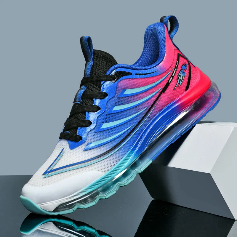 Men's white gradient mesh air cushioned sneakers with wide stable base and breathable upper