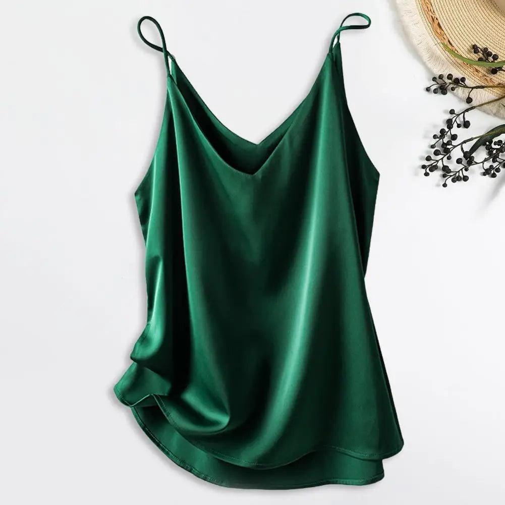 Women's silk satin cami top with spaghetti straps and V-neck halter detail in lightweight luxury