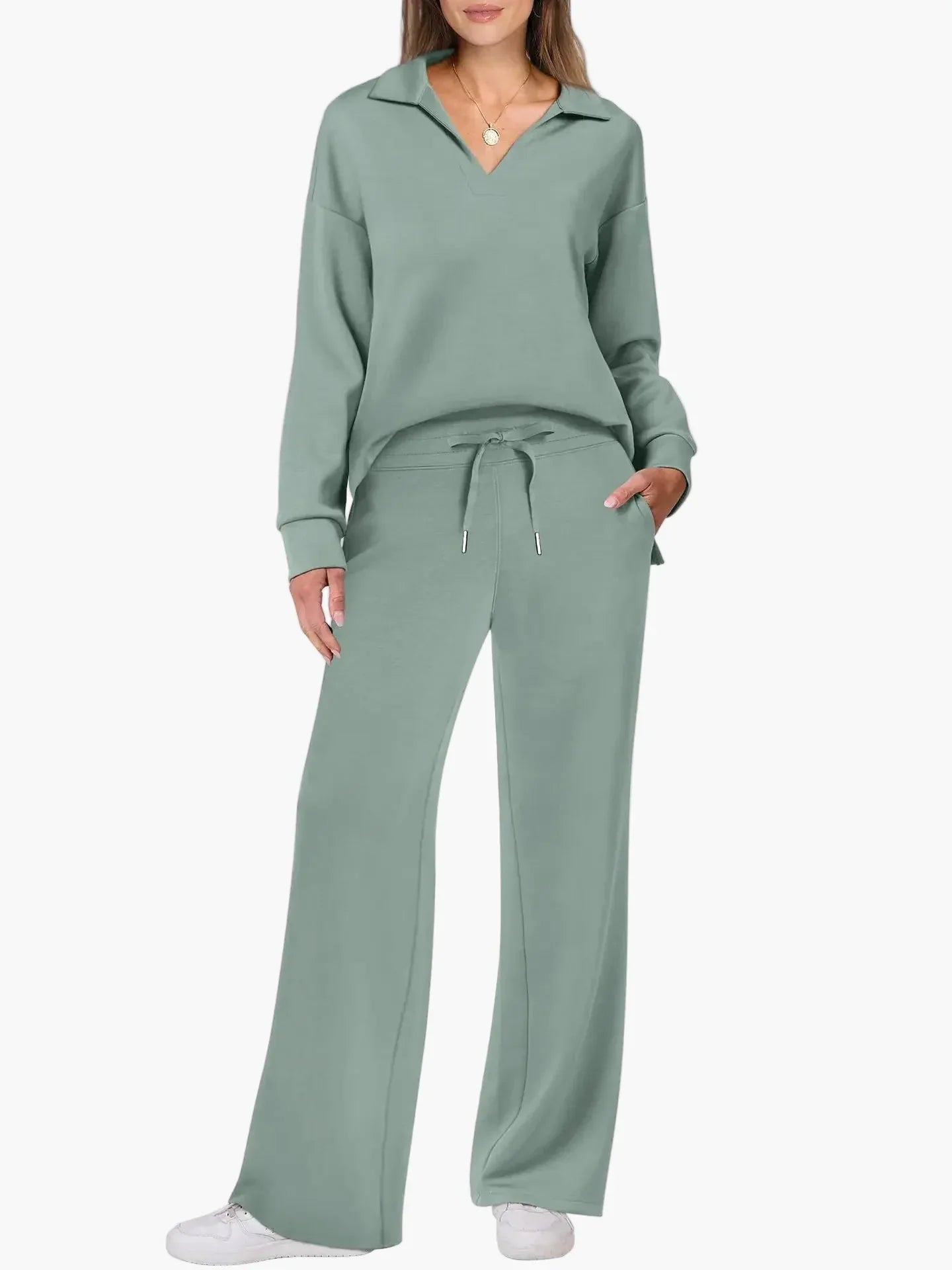 Women's sage green wide-leg lounge set with V-neck collar top and drawstring pants travel-ready
