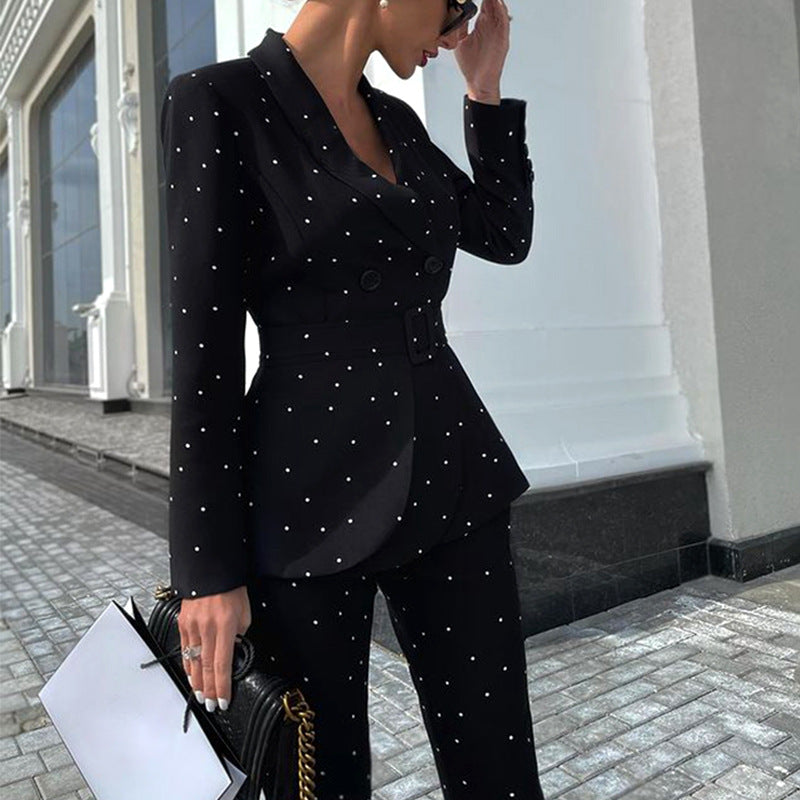 Women's elegant belted double-breasted blazer and pants set formal coordinated suit timeless style