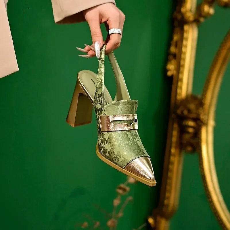 Women's satin block heels with marigold embroidery, elegant floral detailing for weddings and formal events