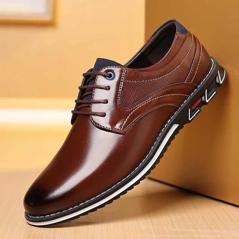 Men's black faux leather lace-up oxfords with perforated panels and cushioned comfort