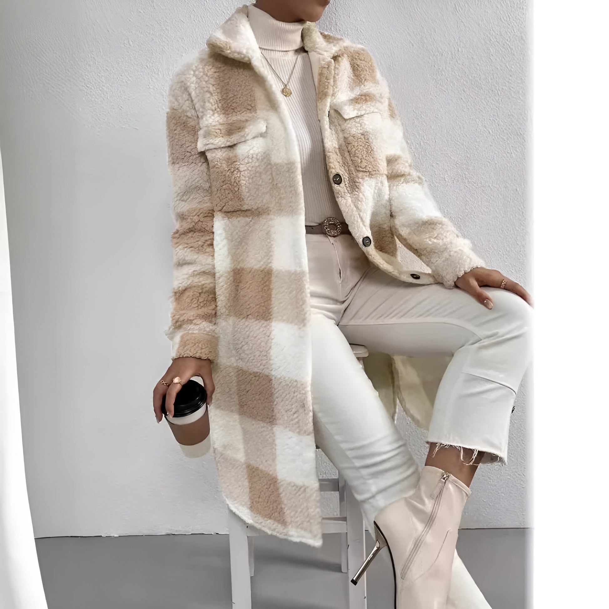 Women's plaid fleece coat cozy oversized layering essential for cold fall mornings
