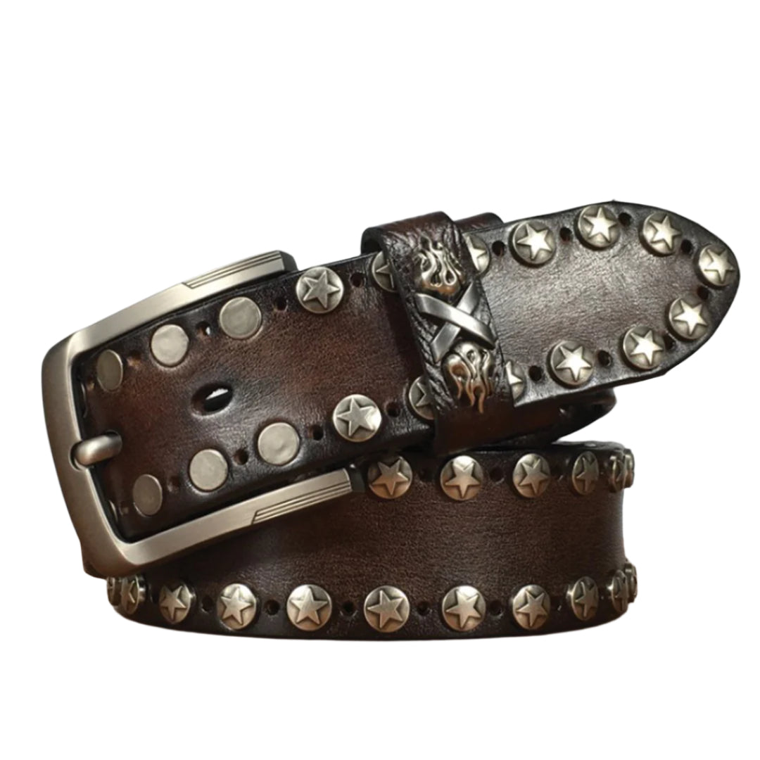 Genuine cowskin leather punk belt with studded pin buckle, edgy star detail for men