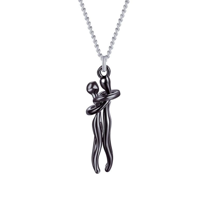 Stainless steel love hug necklace with two embracing figures pendant, high-polish finish