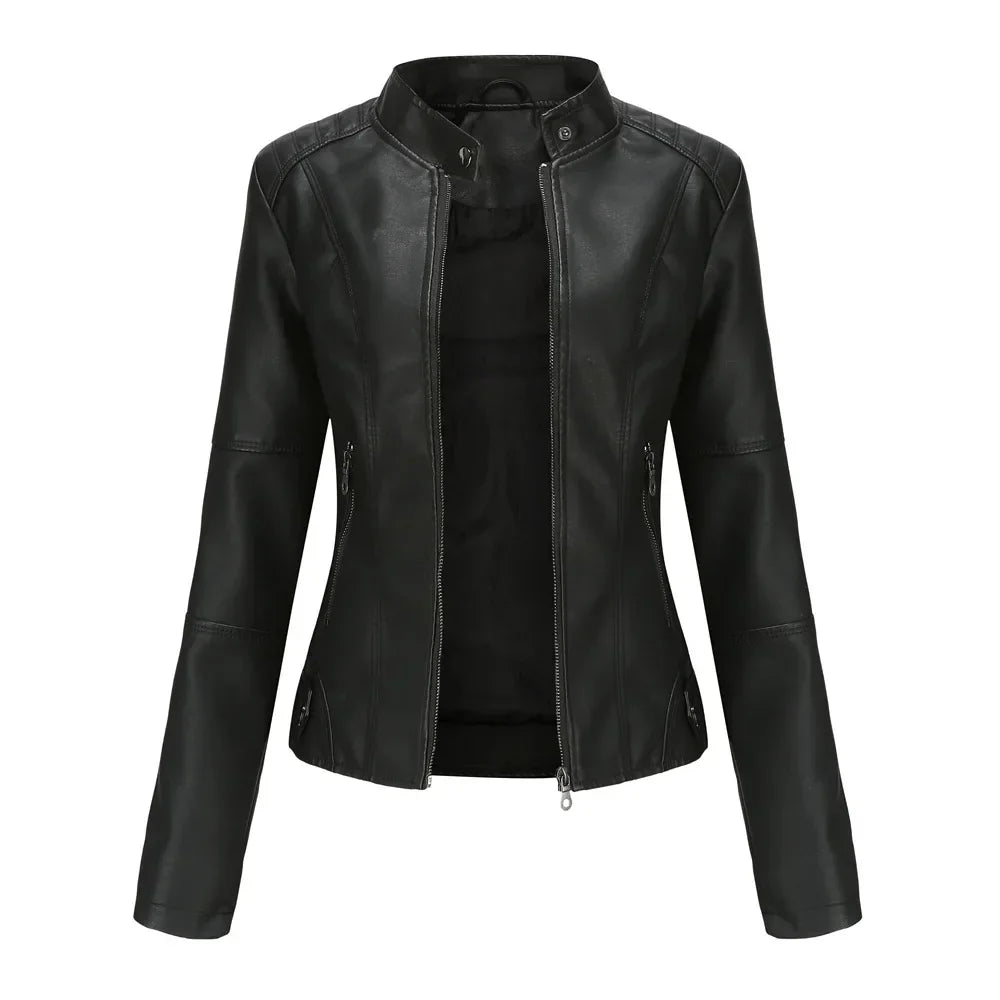 Women's black slim-fit leather biker jacket with moto detailing, water-resistant premium edgy style