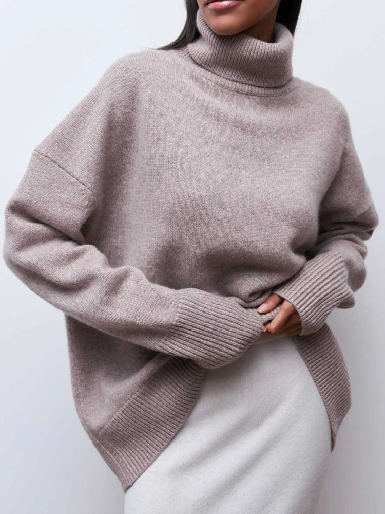 Women oversized hip-length wool turtleneck sweater cozy relaxed fit cold weather luxury blend