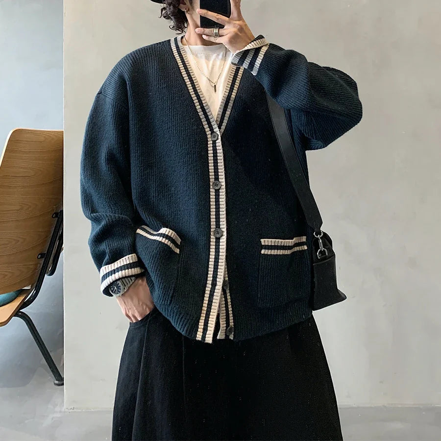 Women's striped trim knit cardigan, soft relaxed fit with button front in neutral tones