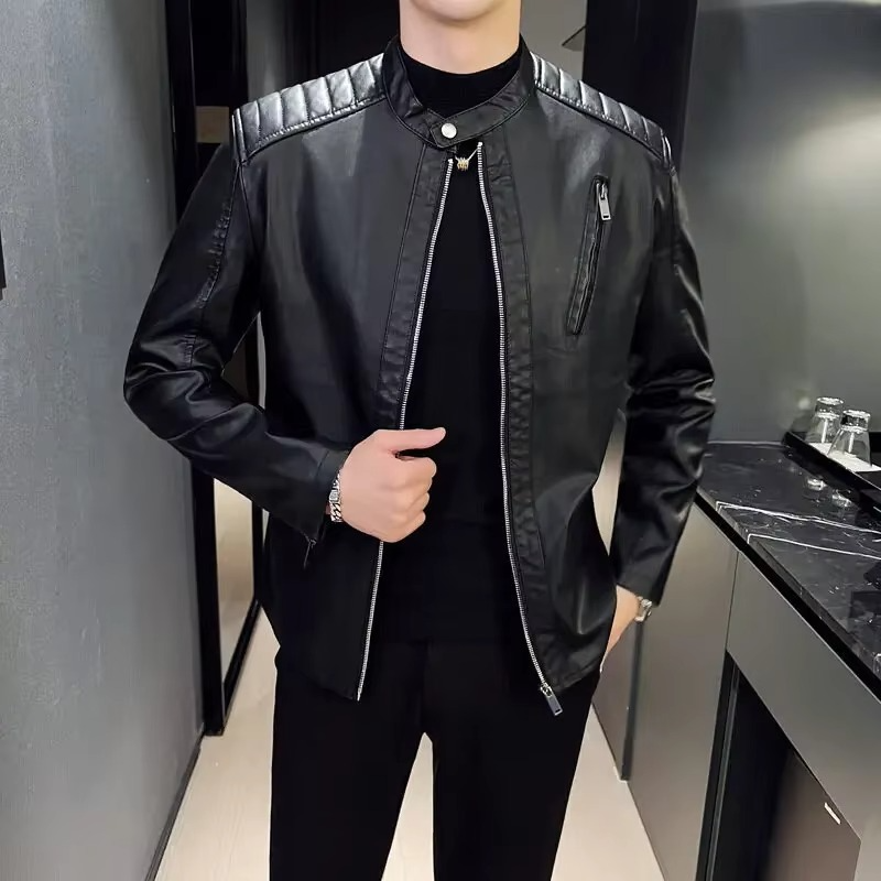 Men's black PU leather motorcycle jacket with stand collar and full zip-up closure for riders