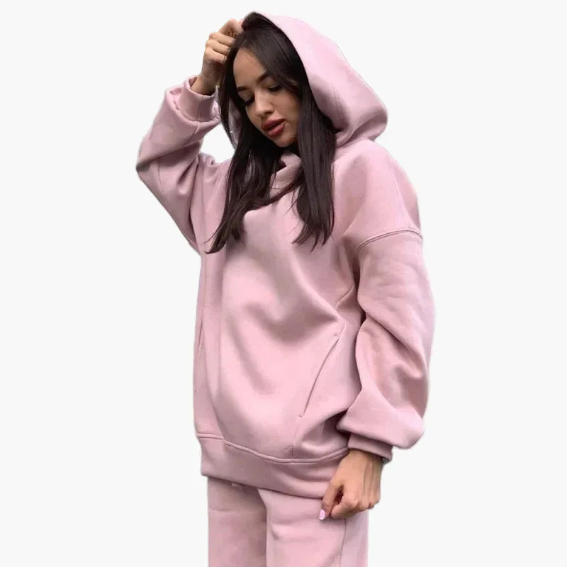 Women's oversized hoodie jogger set in casual street style with relaxed two-piece matching silhouette