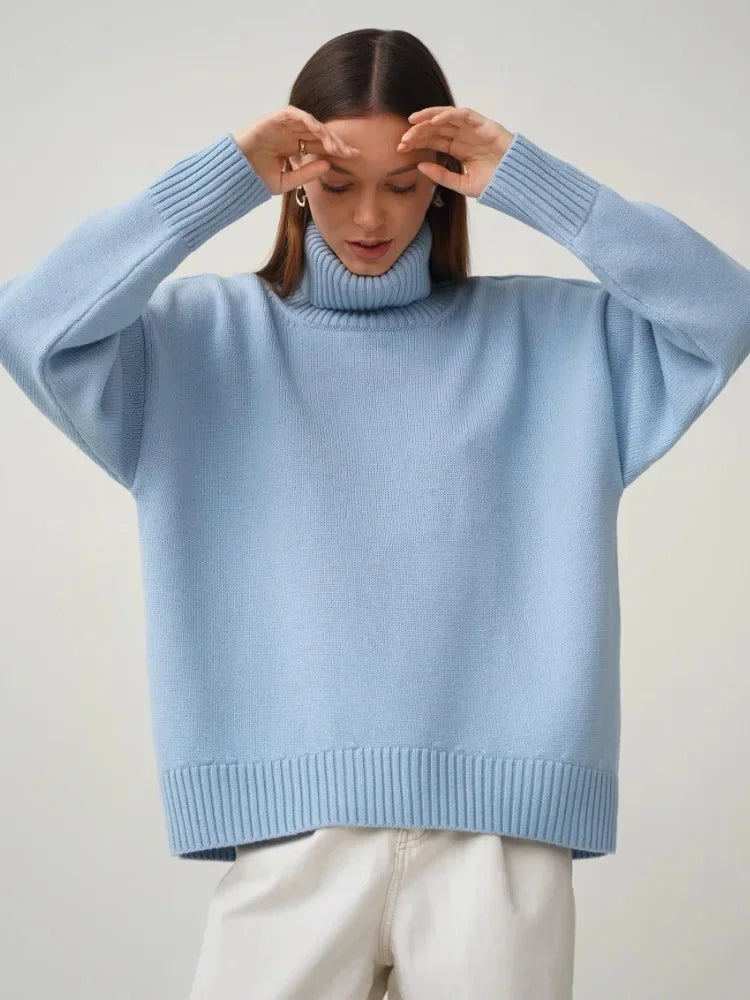 Women's oversized ribbed knit turtleneck sweater in soft blend with folded high neckline