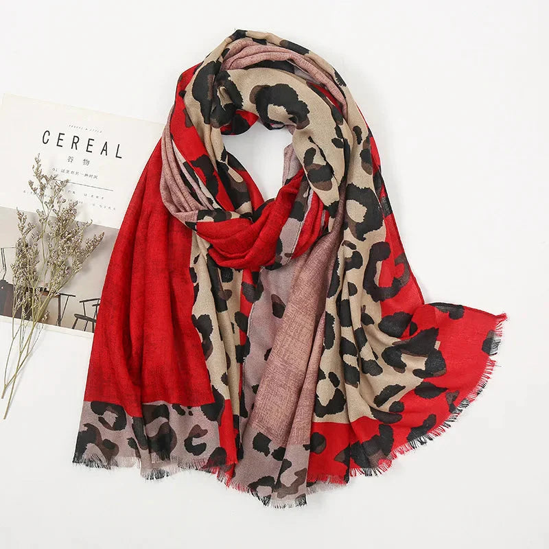 Women's long rectangular leopard print scarf, casual elegant wrap accessory for all seasons