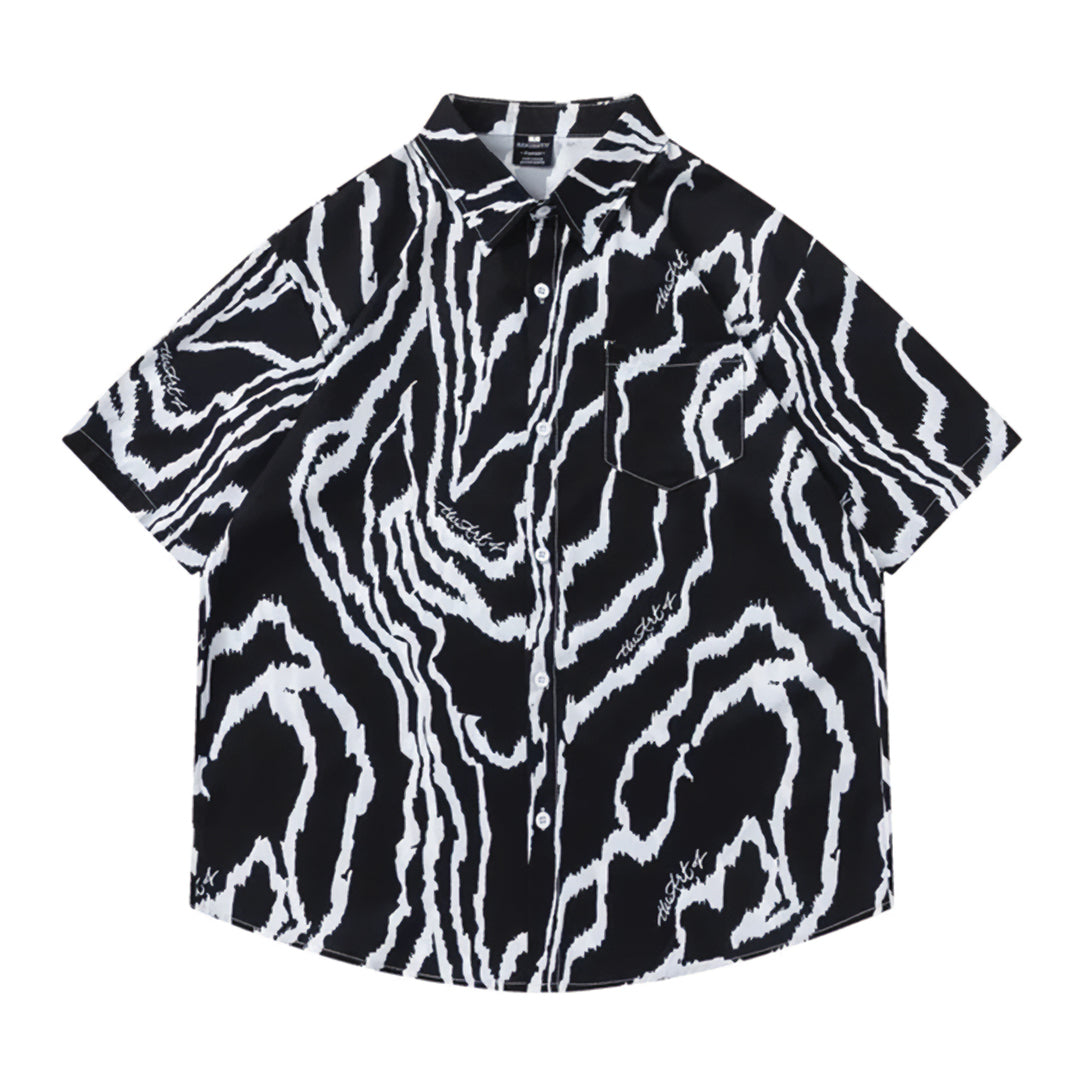 Men's white black marbled stripe short sleeve shirt fluid polyester modern slim fit