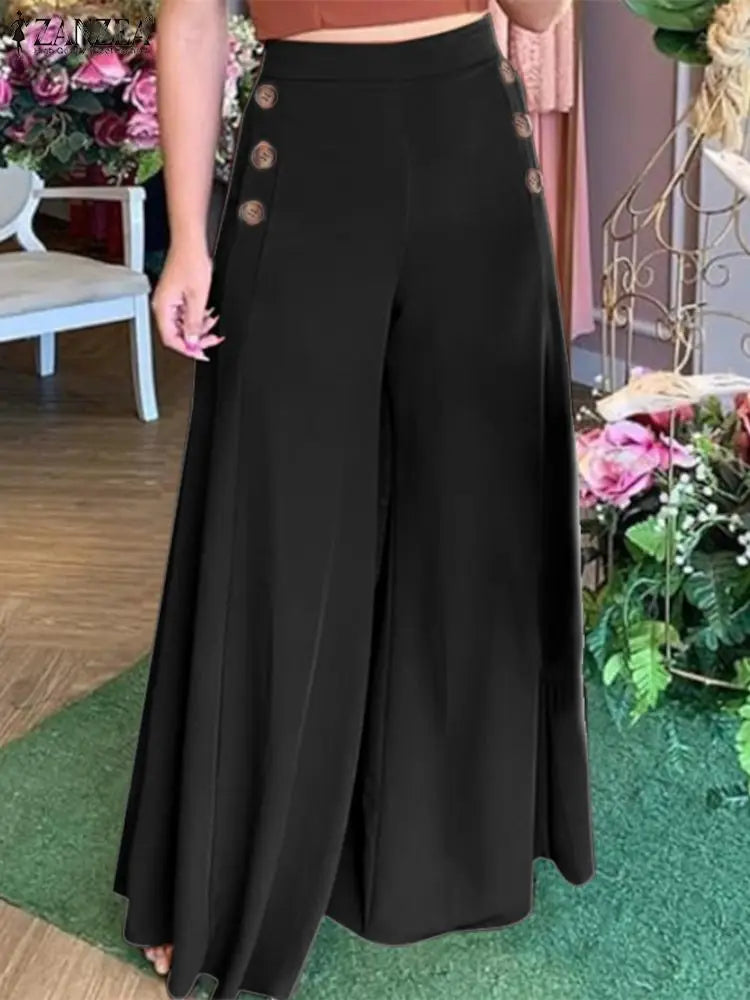 Women's high-waisted loose fit palazzo pants with elegant button detail for chic comfort