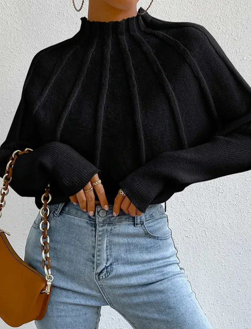 Women's ribbed knit sweater with sunburst pattern, mock neck, batwing sleeves, relaxed fit warm pullover