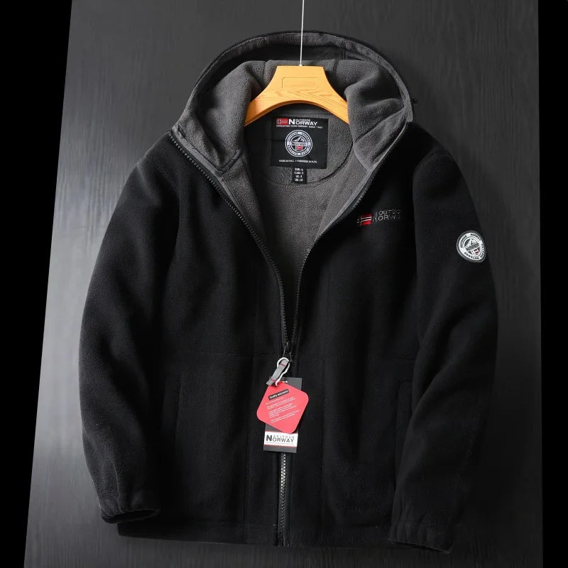 Men's hooded fleece jacket warm outdoor layer clean modern silhouette easy everyday pairing