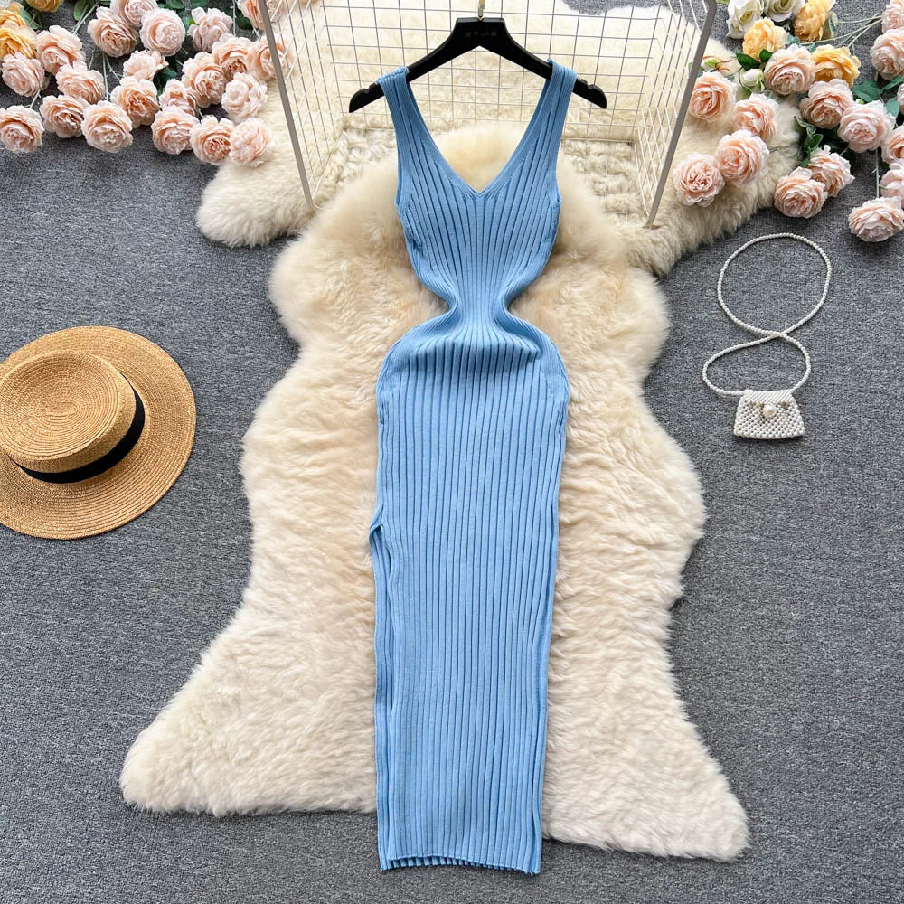 Women's ribbed knit evening dress sculpted silhouette stretchy contour fit polished style