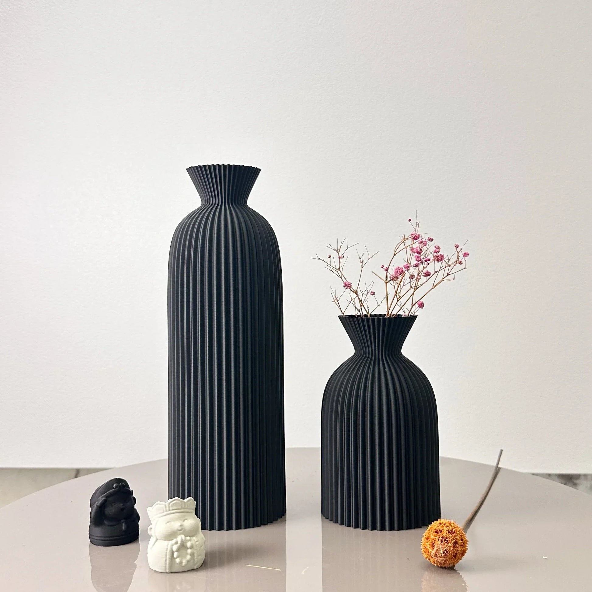 Striped ceramic vase set trio varied sizes minimalist modern decor subtle textured finish