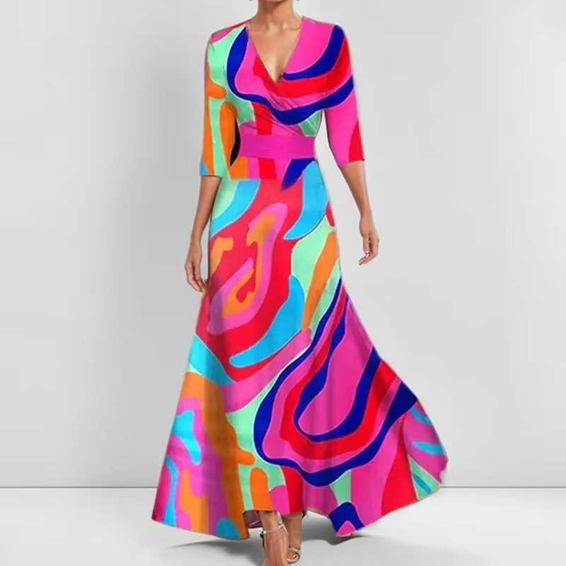 Women's ankle-length printed pleated dress with V-neckline, elegant flowing silhouette in versatile style