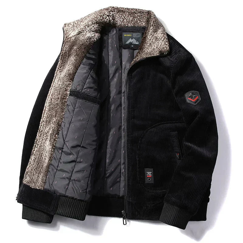 Men's olive bomber jacket regular fit with distinctive fur collar, ribbed cuffs and hem casual outerwear