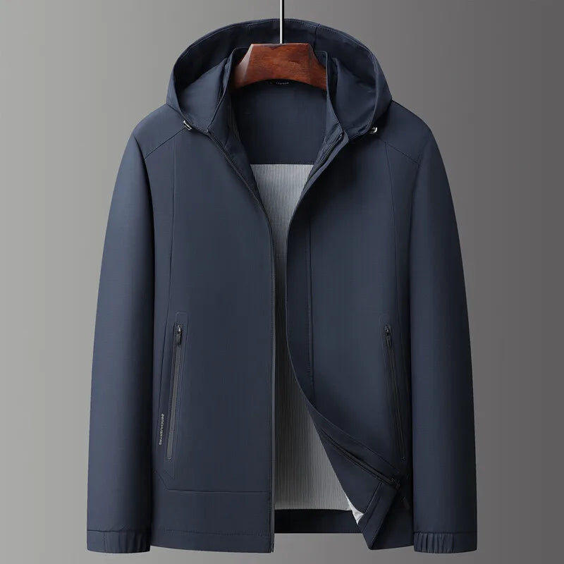 Men lightweight hybrid hooded jacket full zip weather-ready with zippered side pockets clean modern fit